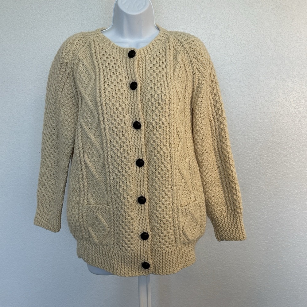 VTG Standun Women's Sz: Small 100% Wool Knit Fisherman Cardigan Sweater Ireland